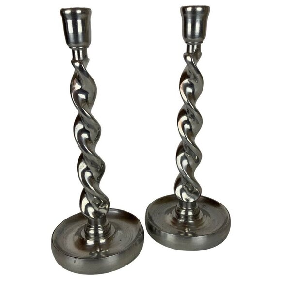 Arthur Court Barley Twist Candlesticks Holders Pair Shiny Pewter Aluminum 1987 - Picture 5 of 5